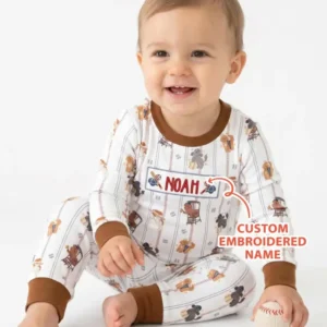 Custom Embroidered Name Baseball Bamboo Two Piece Long Sleeve Pajama Set