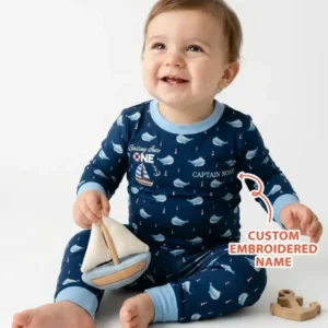 Custom Embroidered Name 1st Birthday Boy Bamboo Two Piece Long Sleeve Pajama Set