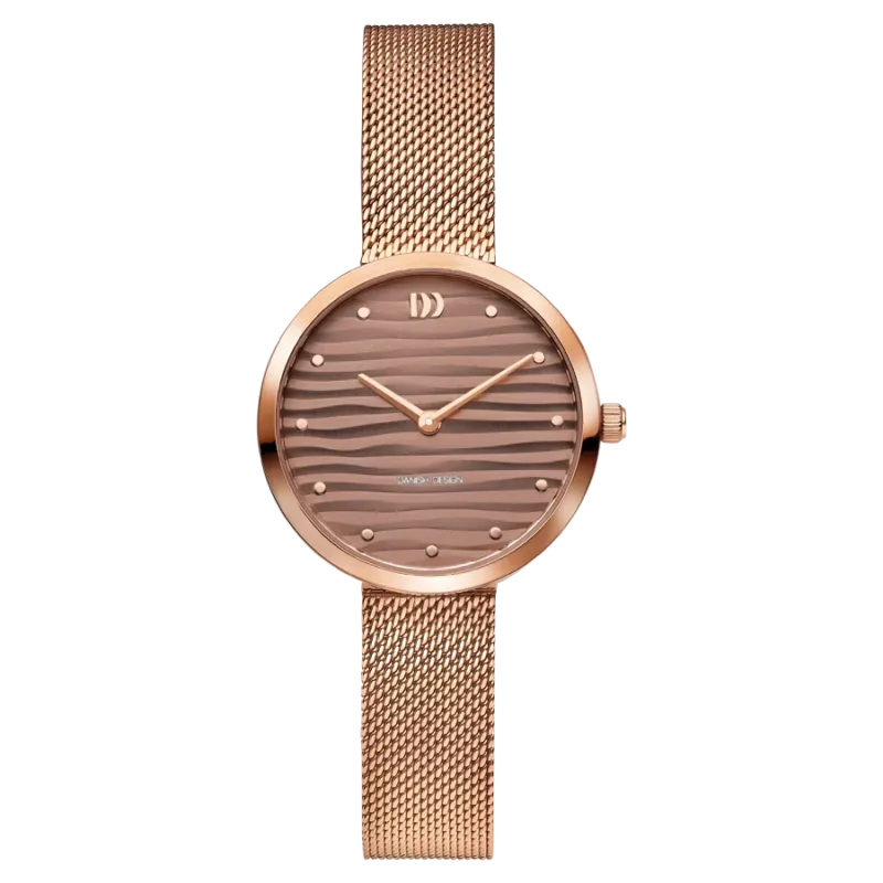 Damenuhr mit roségoldfarbenem Mesh-Armband und rundem Zifferblatt mit Wellenmuster