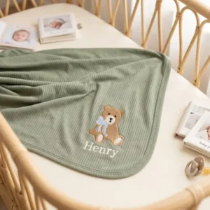 Personalized Teddy Bear Embroidered Ribbed Bamboo Blanket