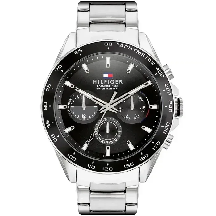 Tommy Hilfiger Herrenarmbanduhr mit schwarzem Zifferblatt, Chronograph und Metallband