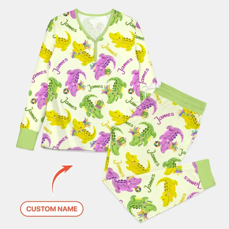 Custom Name Mardi Gras Alligator Bamboo Women Pajama Set