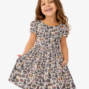 Whimsical Tribal Retro Halloween Black Cats Pumpkins Bamboo Twirl Dress