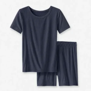 Navy Ribbed Bamboo Two Piece Short Sleeve Shorts Pajama Set
