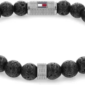 Perlenarmband aus Lavasteinen für Herren Tommy Hilfiger, schwarze Steinperlen, silberner Mittelteil