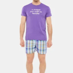 Pyjama court Pyjaméricain Homme Chaque jour suffit sa flemme Violet et Bordeaux 1