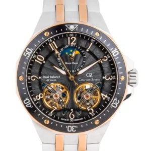 Bicolor Herrenuhr mit schwarzem Zifferblatt, Mondphase und Edelstahlarmband mit Roséakzenten