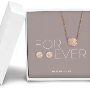Schmuckset Bering Jewelry mit Roségoldfarbener Halskette, Anhänger und Ohrsteckern, rund