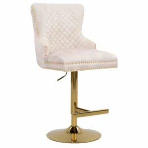 CASTLE DELUXE Höhenverstellbarer Barstuhl beige Samt gold Edelstahl mit Löwenkopf