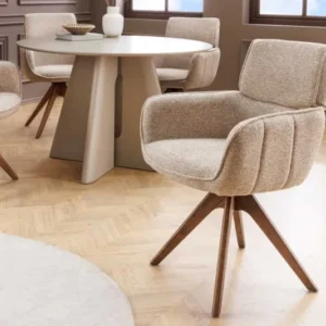 Drehbarer Stuhl UNIQUE taupe beige Strukturstoff Walnussholzbeine mit Armlehne