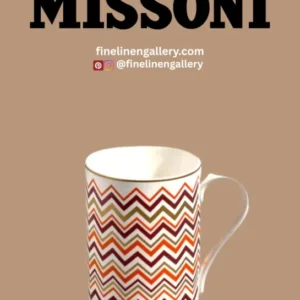 Missoni Home luxury ceramic mug with iconic pattern, 12.5 oz capacity, displayed in a stylish box, diameter 3 inches and height 3.9 inches.