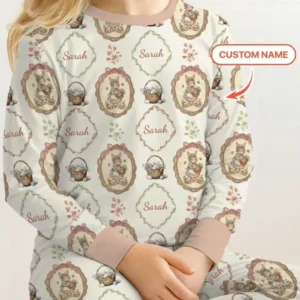 Vintage Bunny Easter Custom Name Mommy & Me Matching Bamboo Two Piece Long Sleeve Pajama Set