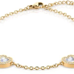 Goldfarbenes Armband mit Herz-Elementen und blau schimmernden Steineinsätzen