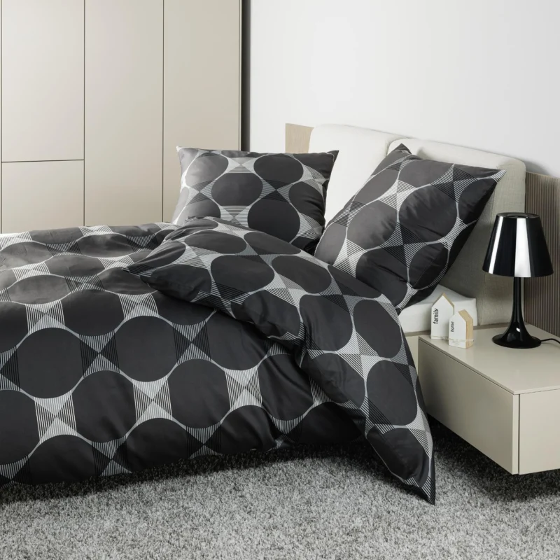 Bettwäsche Mako Satin J.D Anthrazit mit geometrischem Muster 155 x 220 cm