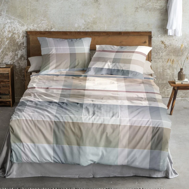 Bettwäsche Mako Satin Wave Natur mit Karomuster 135 x 200 cm