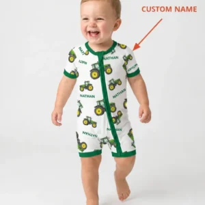 Custom Name Green Tractors Matching Daddy & Me Bamboo Shorty Zippy