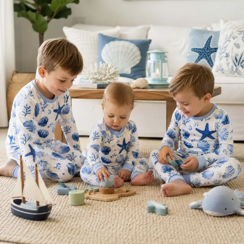 Blue Seashell Garden Bamboo Two Piece Long Sleeve Pajama Set