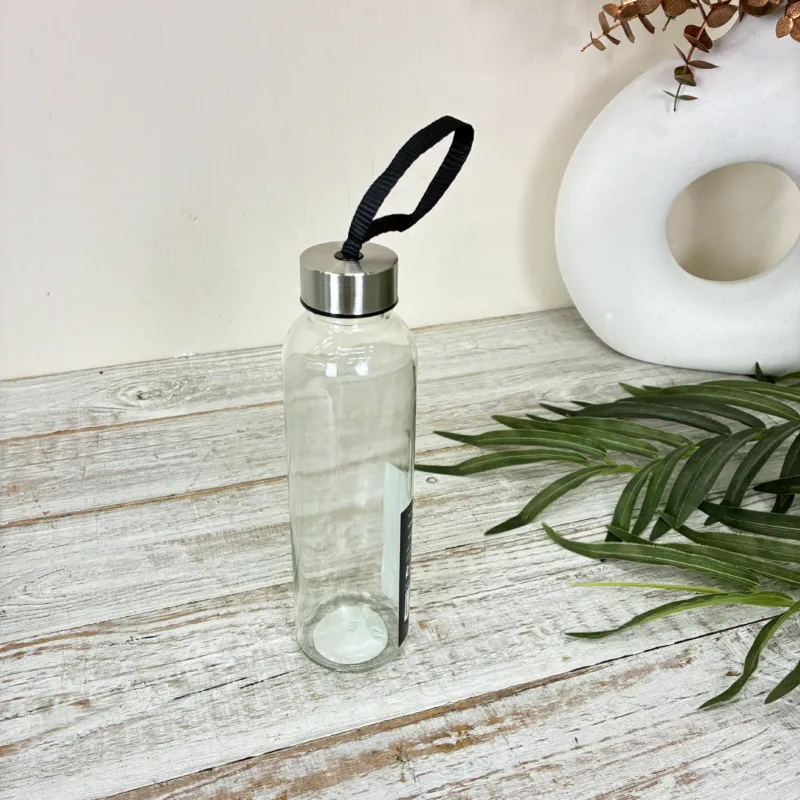 Trinkflasche 500ml Glas Transparent Schwarzes Band Metalldeckel Wasserflasche