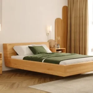 Designer Holzbett Arvelo aus massiver Eiche in Schwebeoptik und geneigtem Headboard