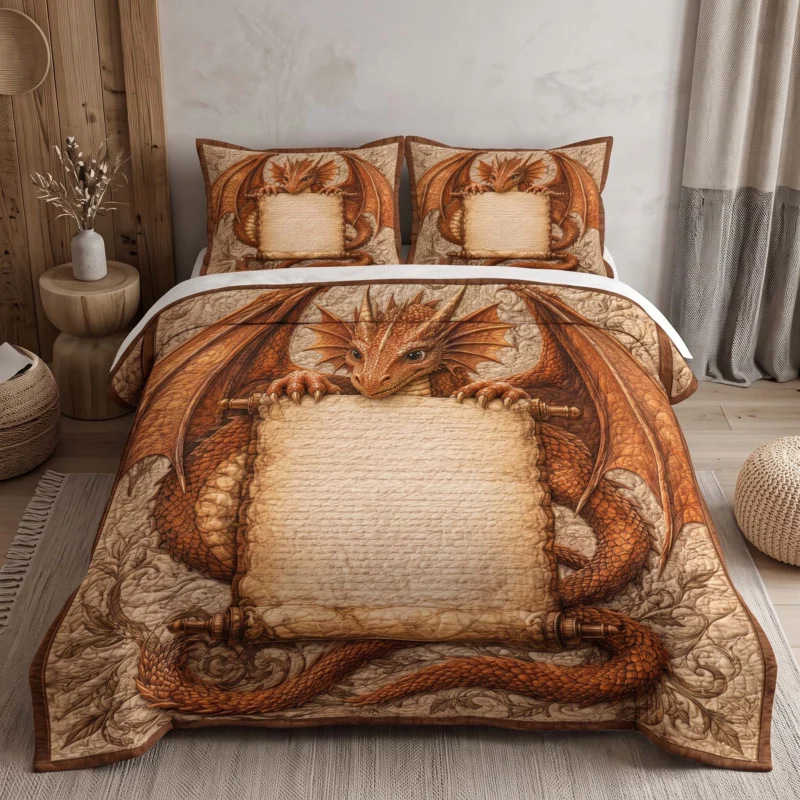 Copper Dragon Ancient Scroll Bamboo Quilt Bedding Set