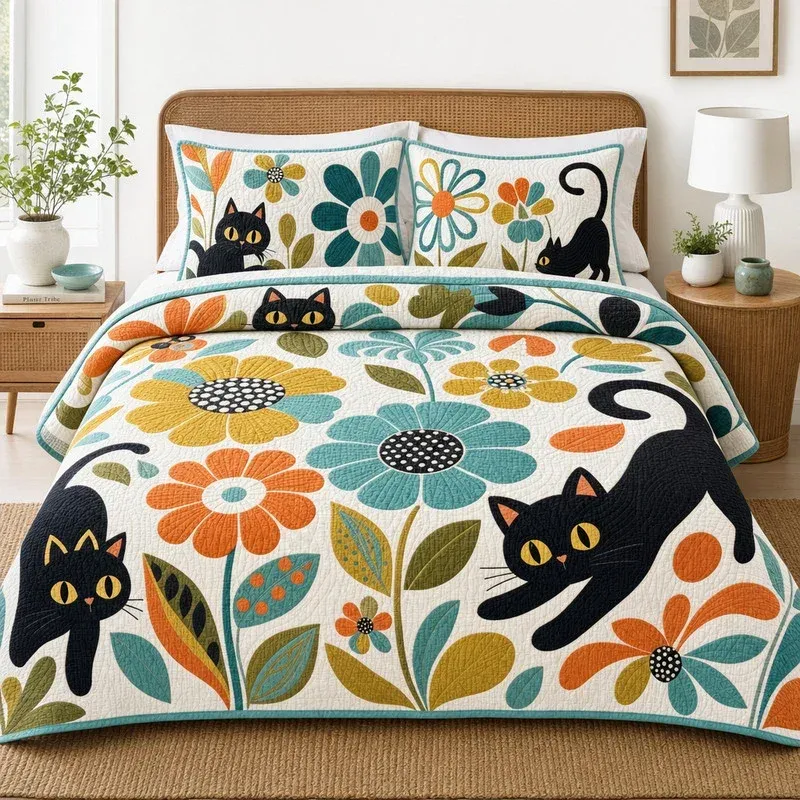 Daisy Bloom Cat Bamboo Quilt Bedding Set