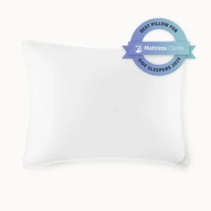 Peacock Alley white down alternative pillow with Mattress Clarity Best Pillow award badge.