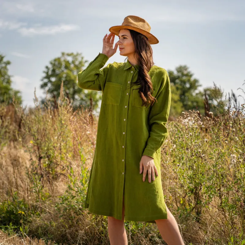 Linen Oversize Shirt Dress Margo Forest Green