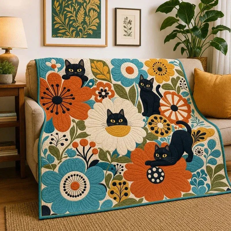 Floral Peeking Cat Bamboo Quilt Blanket
