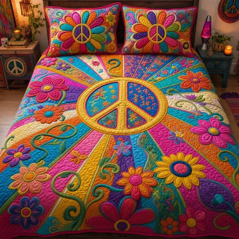 Flower Peace Sign Bamboo Quilt Bedding Set
