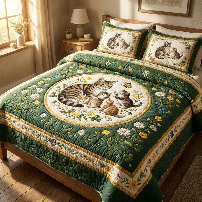 Forest Medallion Cats Bamboo Quilt Bedding Set