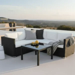 Garten Loungeset Liana – mit schwarzem Geflecht & weißen Kissen