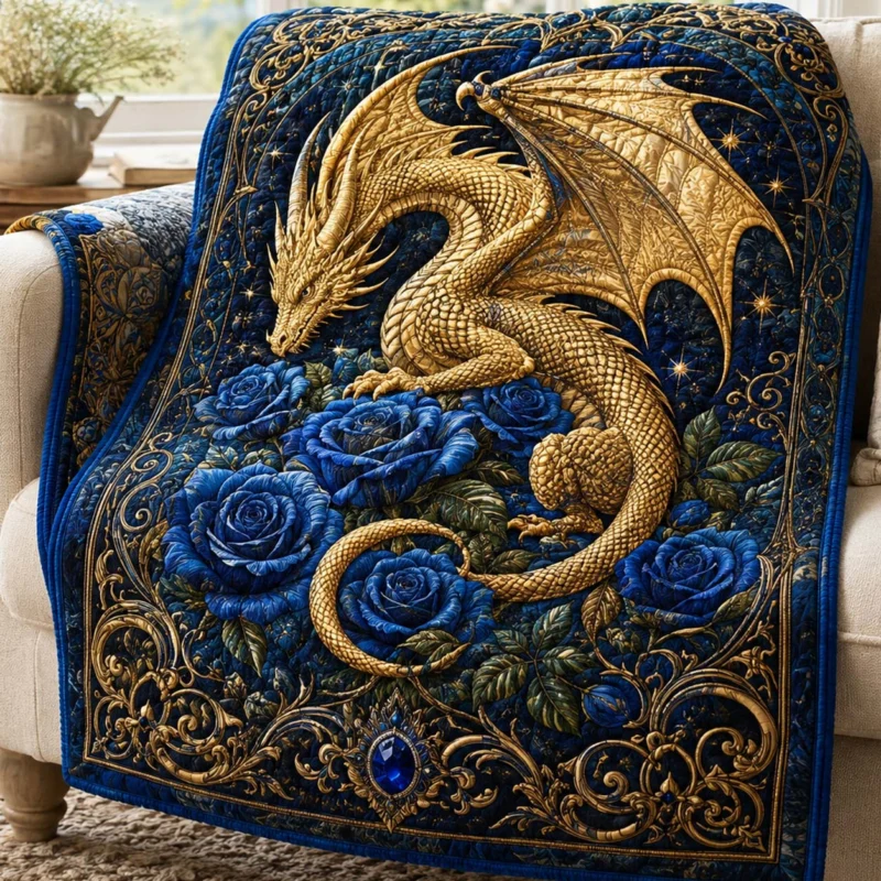 Golden Dragon Blue Roses Bamboo Quilt Blanket