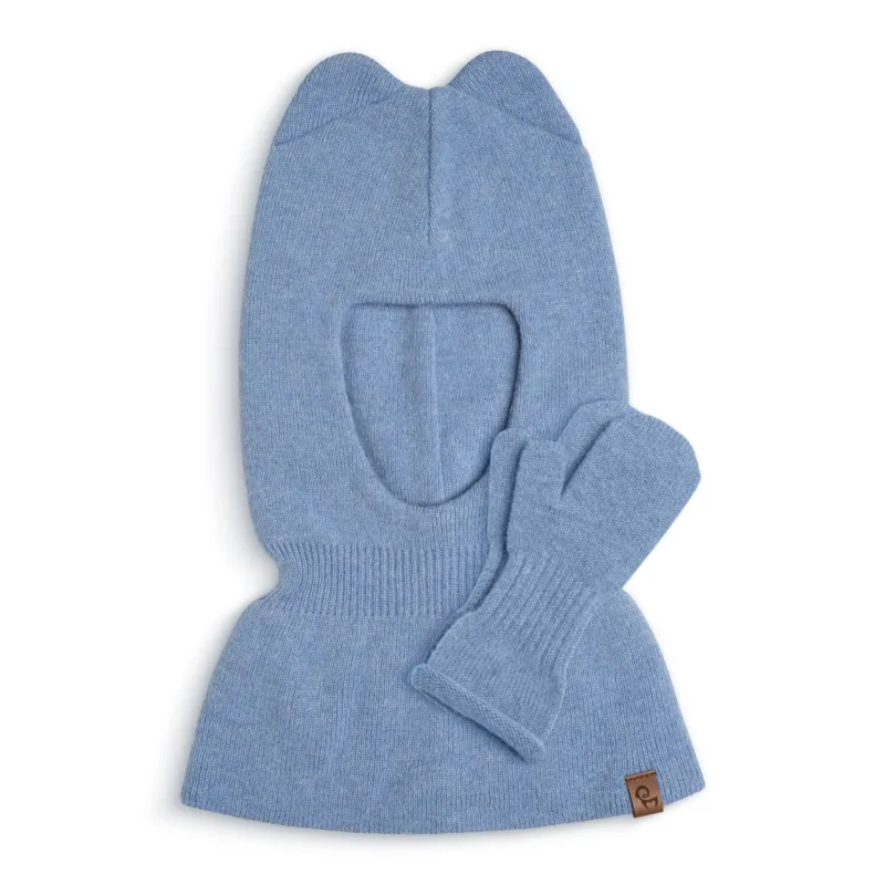 Blue knitted balaclava with attached gloves on a white background
