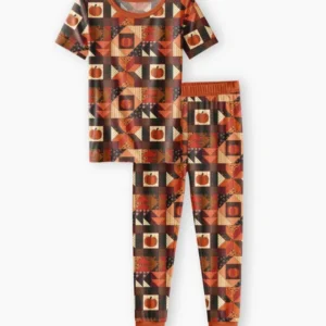 Vintage Pumpkin Patchwork Fall Bamboo Two Piece Short Sleeve Pajama Set