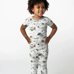Camping Route Map Bamboo Two Piece Short Sleeve Pajama Set