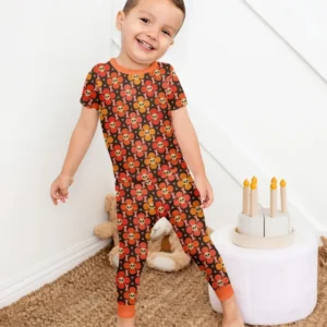 Retro Skull Flower Halloween Bamboo Two Piece Short Sleeve Pajama Set