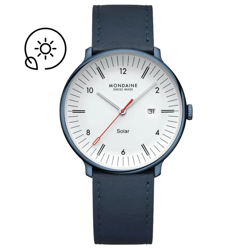 Mondaine Herrenuhr mit blauem Lederarmband, weißem Zifferblatt und Solar-Display