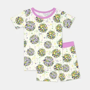 Mardi Gras Disco Ball Bamboo Two Piece Short Sleeve Shorts Pajama Set