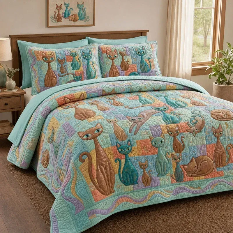Pastel Meow Studio Bamboo Quilt Bedding Set