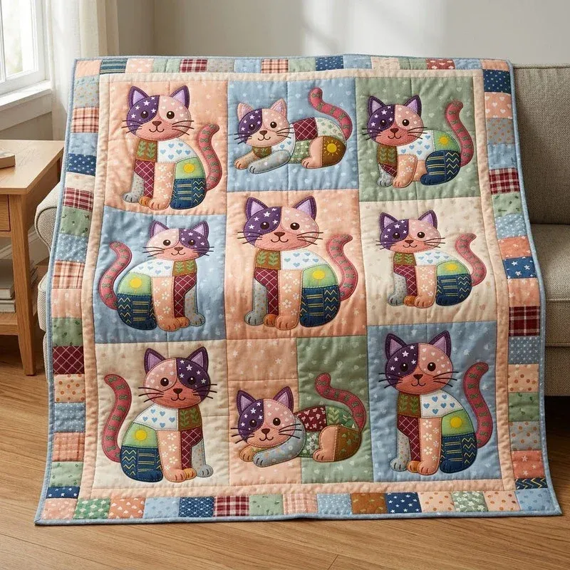 Patchwork Cute Cat Bamboo Quilt Blanket