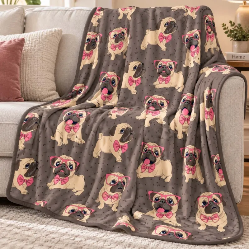 Pink Bow Pug Puppies Bamboo Blanket