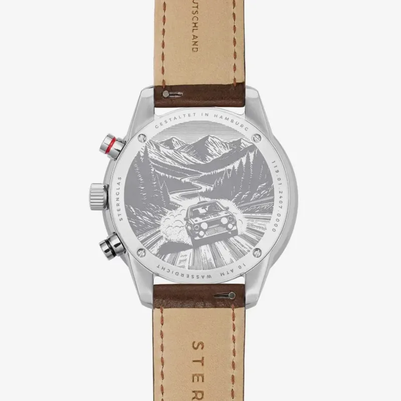 Herrenuhr mit silbernem Gehäuse, braunem Lederarmband und Relief-Zifferblatt