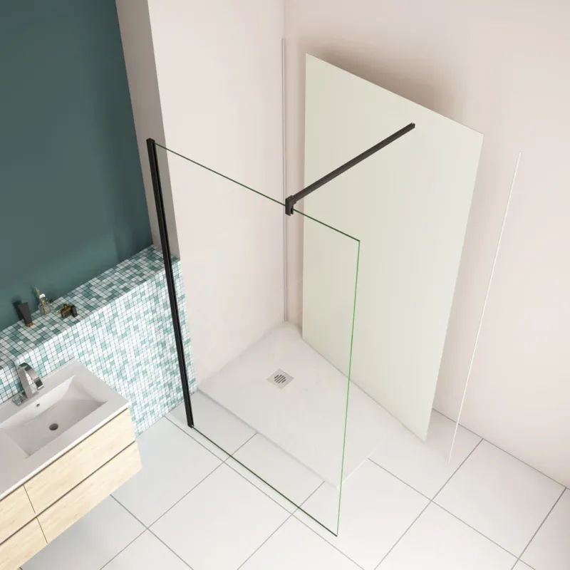 120 x H.200cm Walk In Duschwand 8mm NANO Glas mit B.120 x H.210cm Alu-verbundplatte Elfenbeinweiß Bad