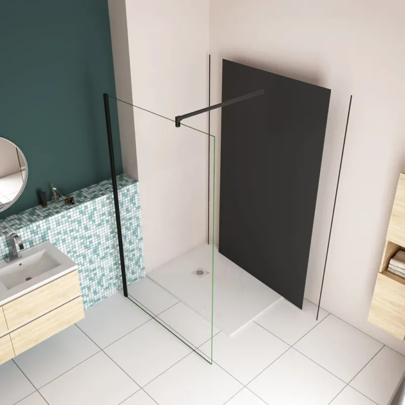 Walk In Duschabtrennung 30 x H.200cm 8mm NANO Glas mit B.120 x H.210cm Alu-verbundplatte Mattschwarz Bad