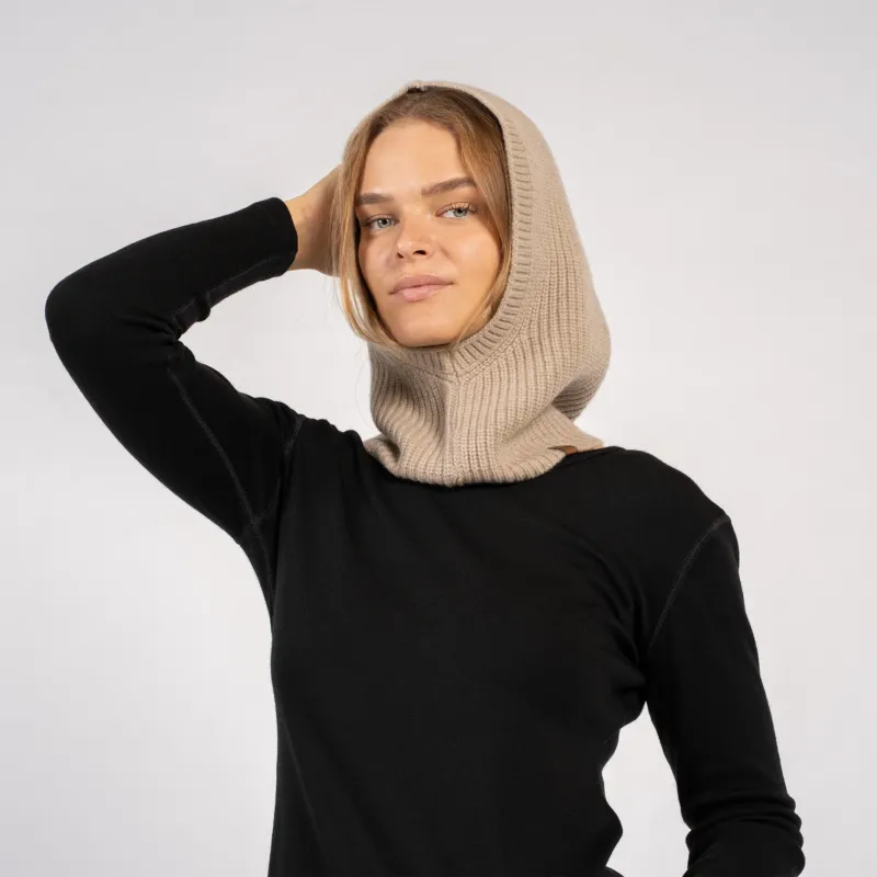 Woman modeling creamy beige ribbed knit hood balaclava – merino cashmere blend