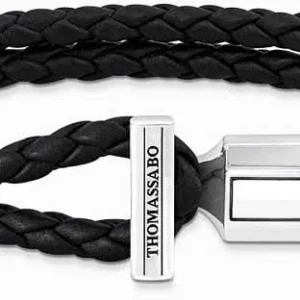 Doppelreihiges Lederarmband, geflochten schwarz, mit silberfarbenen Verschlüssen von Thomas Sabo