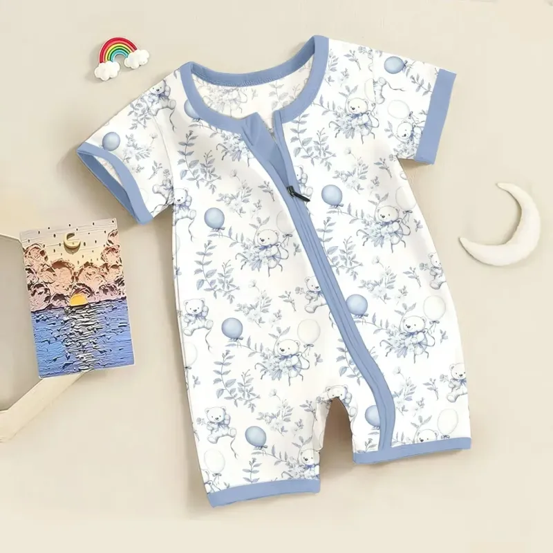 Blue Bear Toile de jouy Shorty Zippered Romper , Blue Bear Toile de jouy Shorty Zippered Romper - Newborn