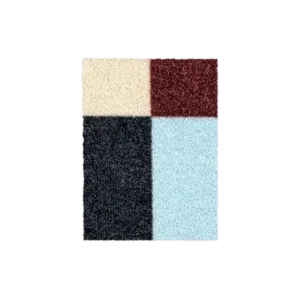 Cream, burgundy, black and light blue check pattern doormat sample swatch