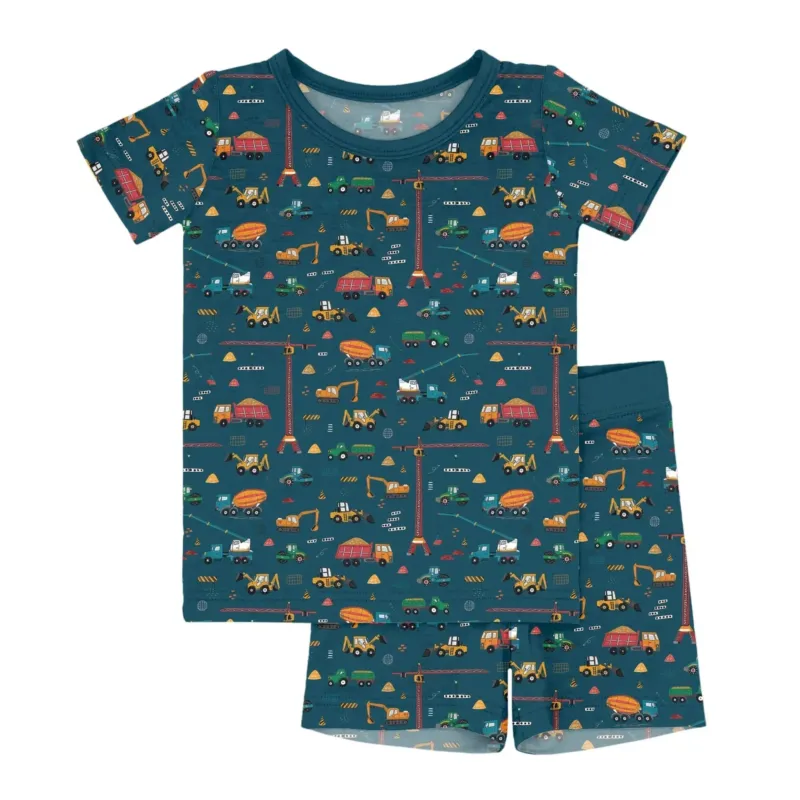 Dark Slate Gray Construction Two-Piece Short Sleeve Shorts Pajama Set , Dark Slate Gray Construction Two-Piece Short Sleeve Shorts Pajama Set - 12-18M