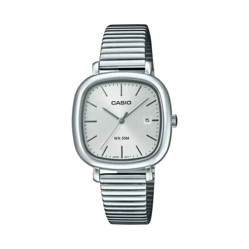 Casio LTP-B166D-7AVEF Damenarmbanduhr mit Metallband, silbernem Zifferblatt, Datum